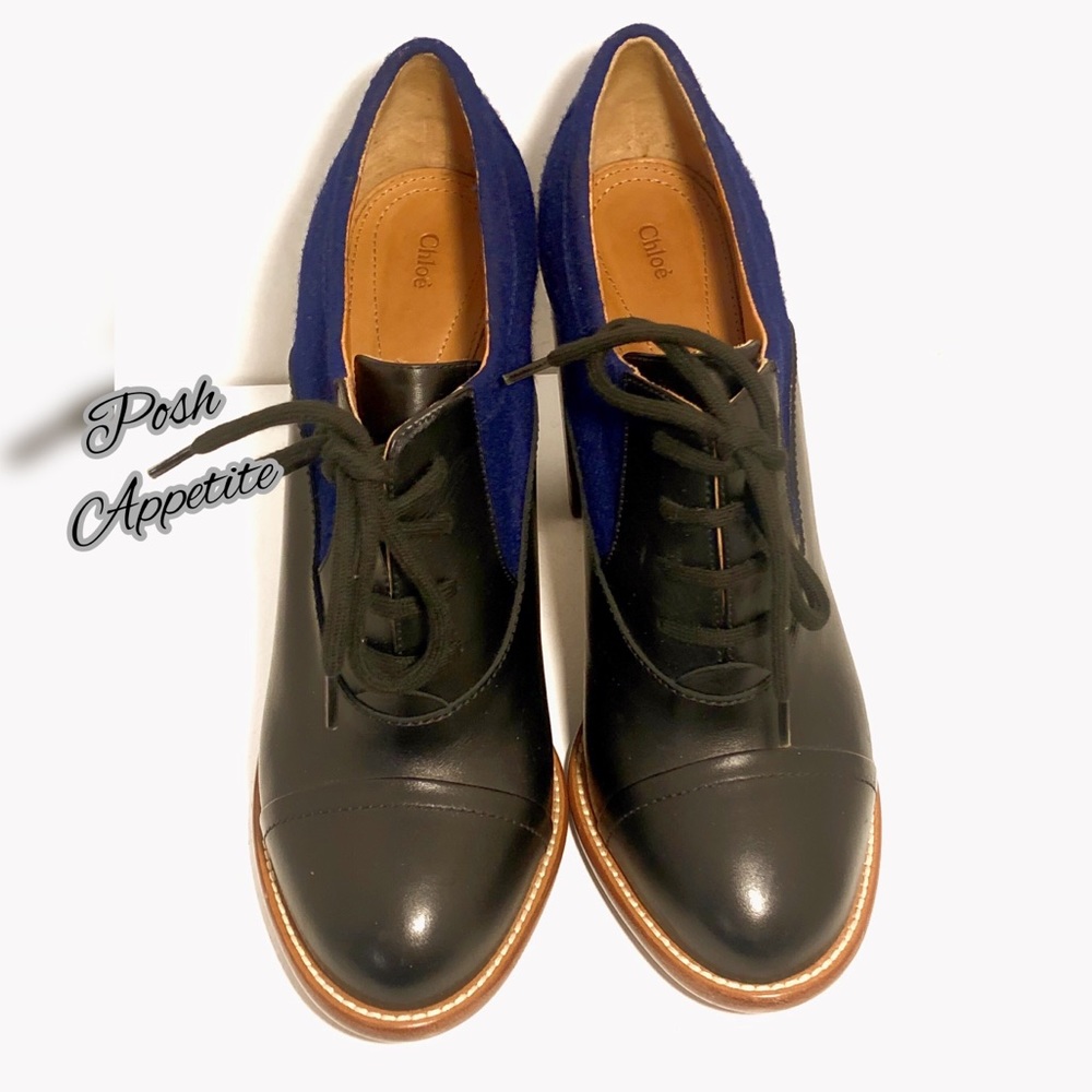 Chloe Stacked Heel Lace-Up Oxford, Black/B…